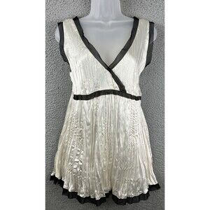 Y2K Ivory Crinkle Satin Black Mesh Trim Babydoll Top Sz S Ethereal Fairy Grunge